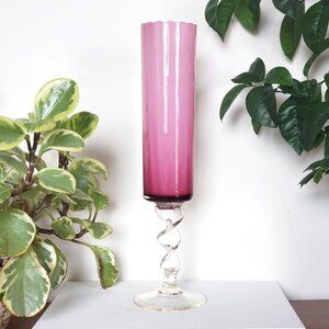 Empoli Pink And White Cased Glass Footed Vase, Italian Art Glass, Optic Glass